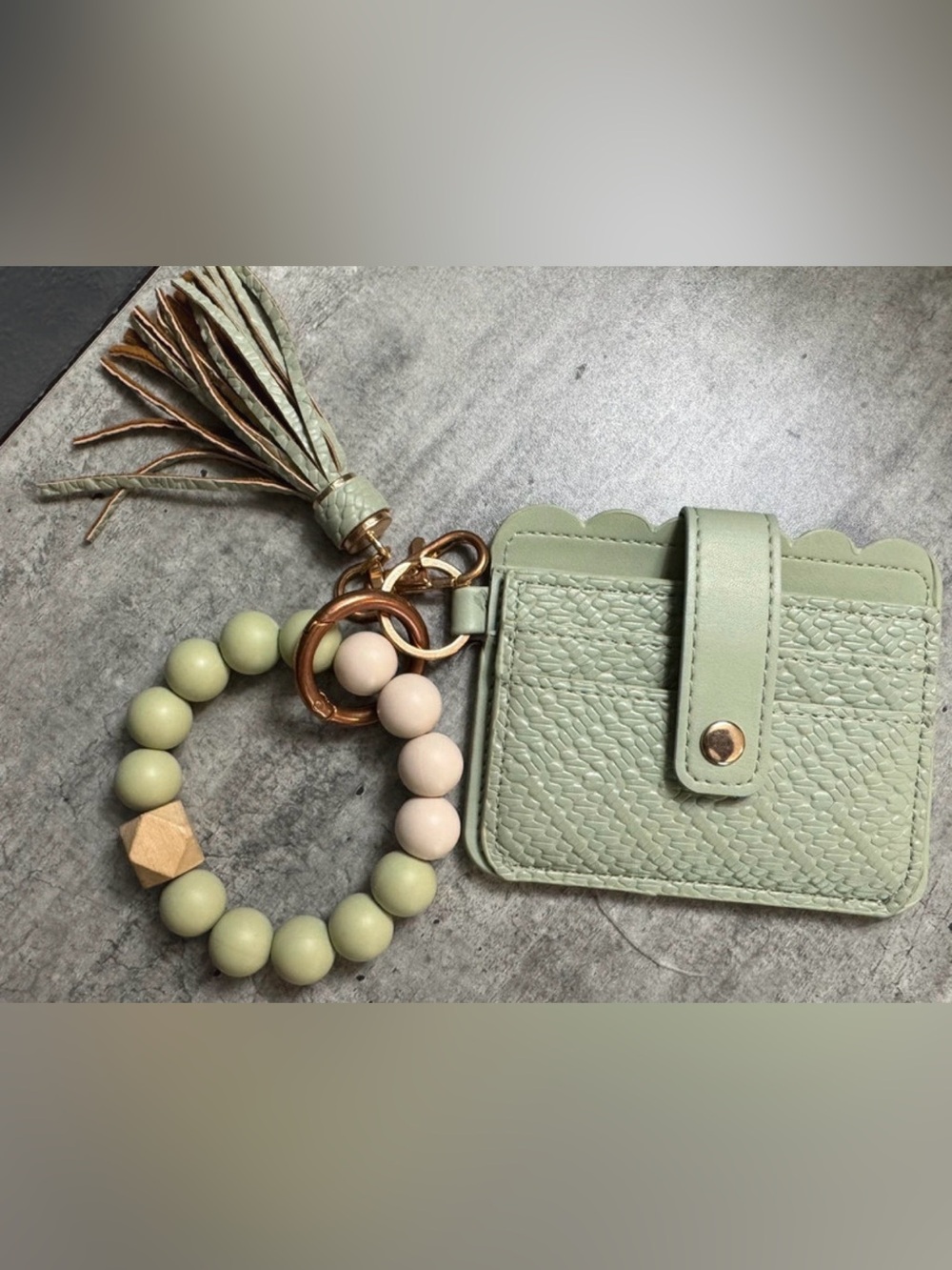 Light Green Card Holder with Beaded Tassel Keyring